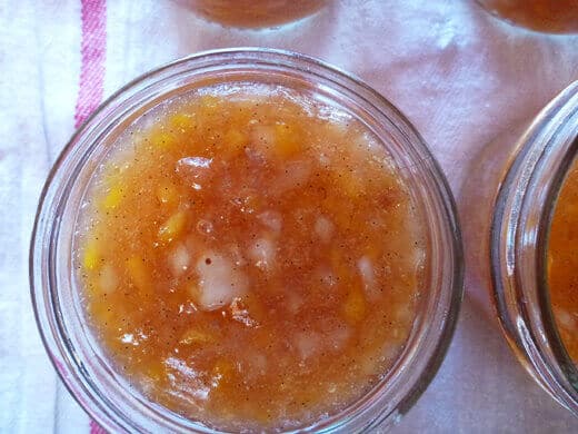 Flecks of vanilla bean in peach preserves