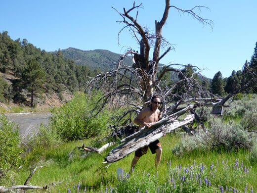 Foraging for driftwood to set up our makeshift picnic bench