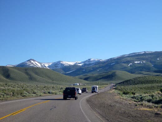 Driving on Highway 395 with a view of the Eastern Sierra