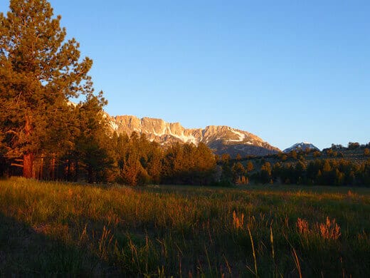 Wide open meadow surrounded by snow-capped granite peaks