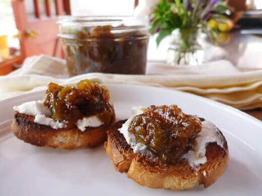 Balsamic fig jam served with goat cheese on crostini