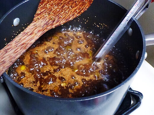 Boil and stir the mixture until the mixture is thickened to a jammy consistency
