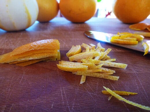 Stack several peels and slice into thin strips