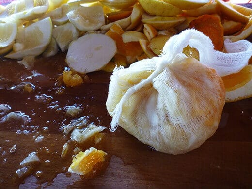 Pull together seeds, membranes and pith into a cheesecloth bundle