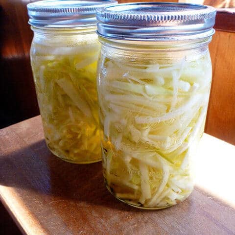 Quick pickled kohlrabi slaw