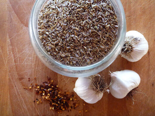 Dill seeds, red pepper flakes, and garlic