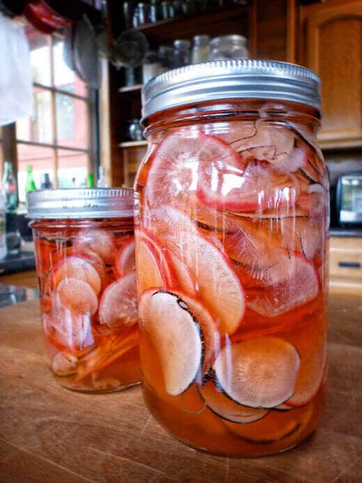 Quick pickled sweet and spicy radishes