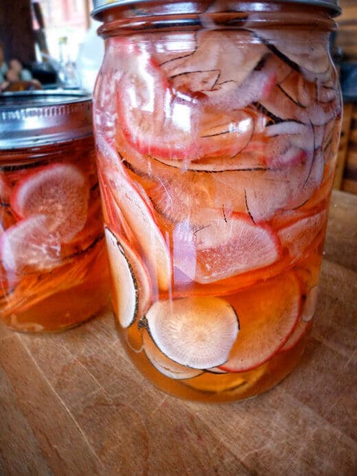 Quick pickled sweet 'n spicy radishes