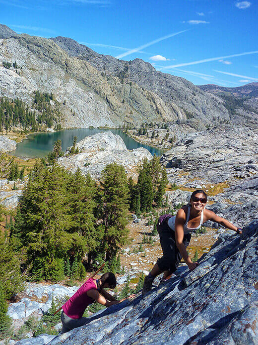 Scrambling up a slope to Iceberg Lake