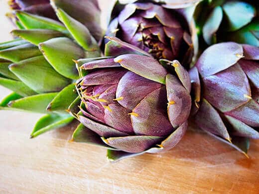 Freshly harvested Purple of Romagna artichokes