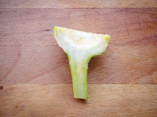 Freshly trimmed artichoke heart and stem