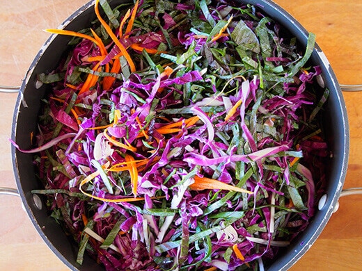 Finely shredded cabbage and carrots