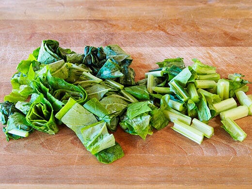 Cut komatsuna into bite-sized portions