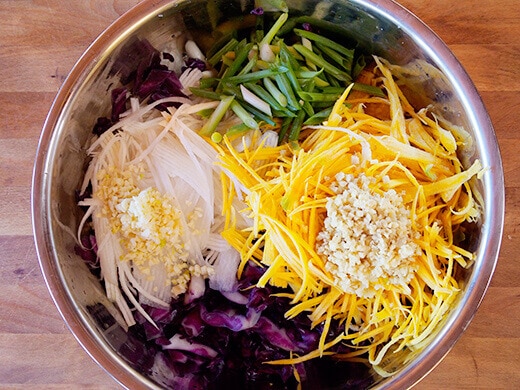 Red cabbage, daikon, carrots, green onions, garlic, and ginger