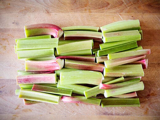 Trim rhubarb stalks to fit jars