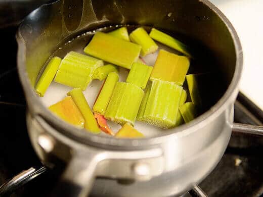 Combine rhubarb, sugar and water in a saucepan