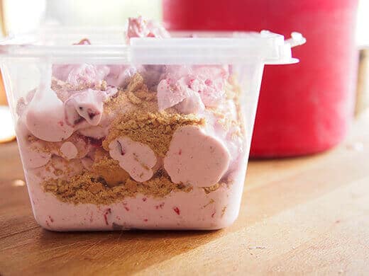 Cranberry cheesecake ice cream layered with crushed graham crackers