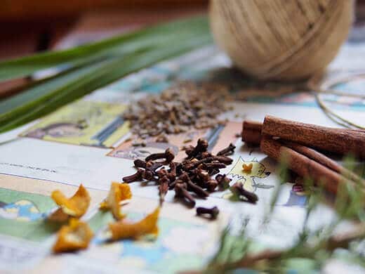 Dried citrus peels, cloves, and cinnamon