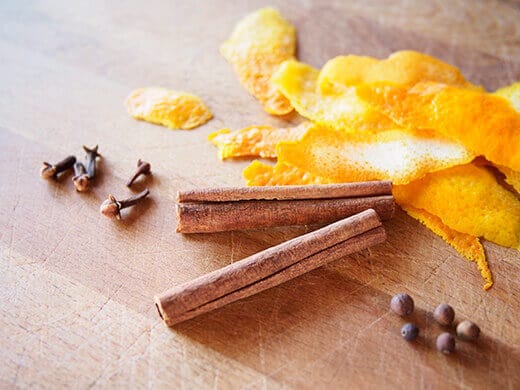 Cinnamon, cloves, allspice, and orange peels