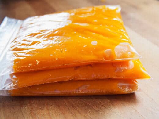 Bagged pumpkin puree ready for freezing