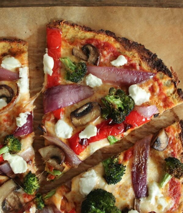 The Best Cauliflower Pizza Crust with Roasted Vegetables and Goat Cheese.