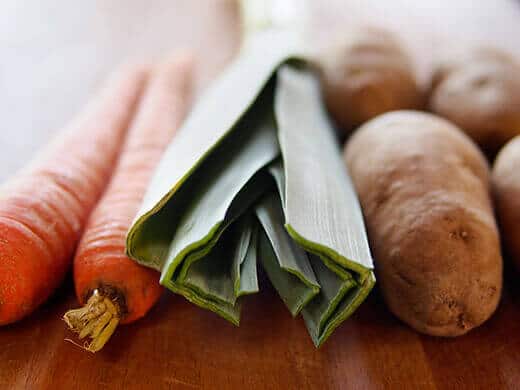 Pantry staples: carrots, leeks, potatoes