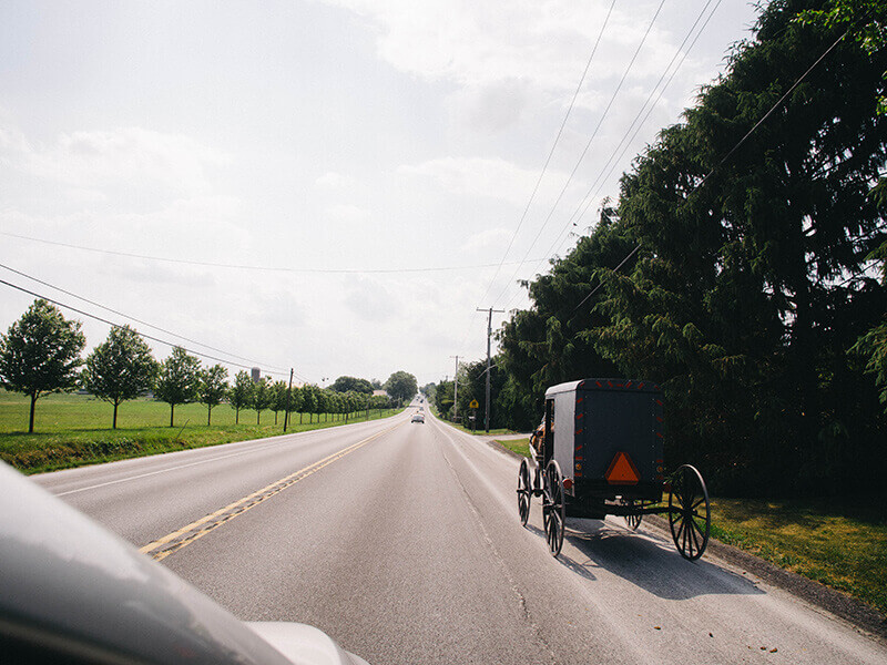 Horse-drawn buggy on the main thoroughfare through town