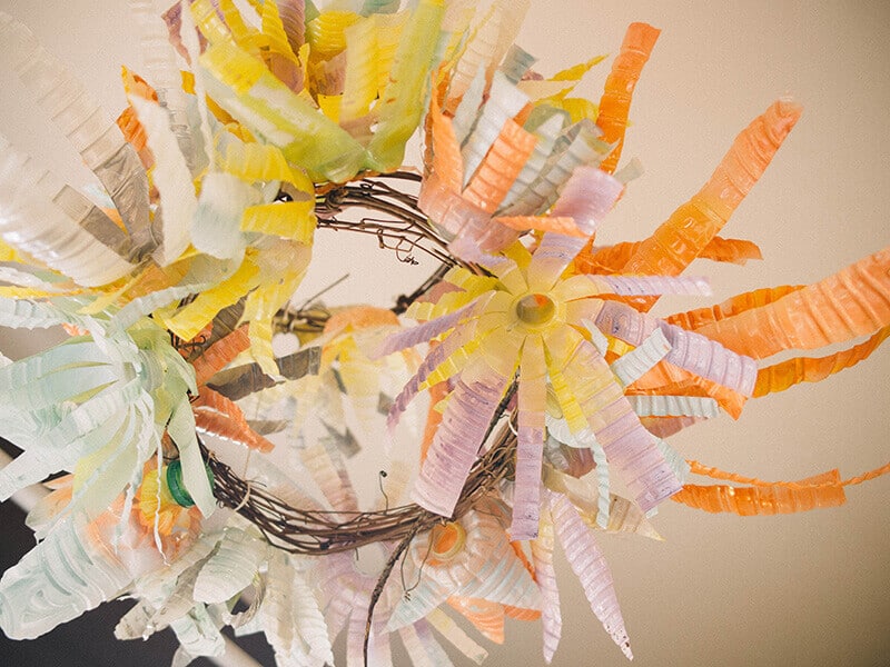 Handmade chandelier from upcycled plastic bottles
