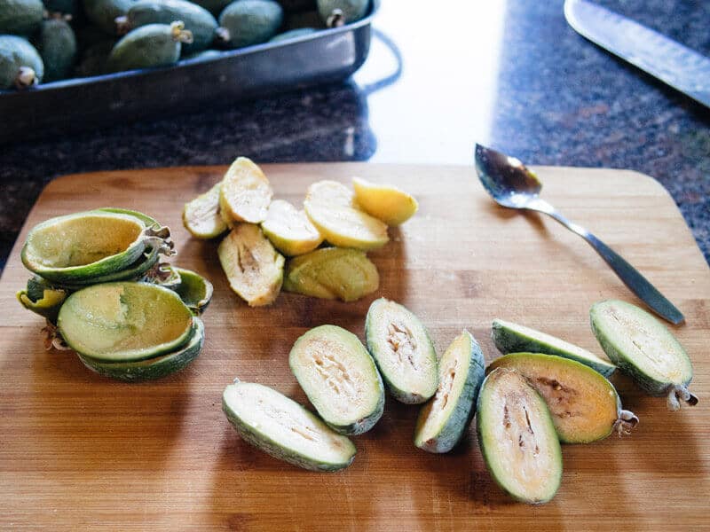 Separate the feijoa flesh from the skins