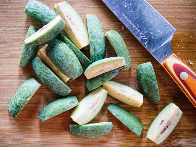 Trimmed and quartered feijoas