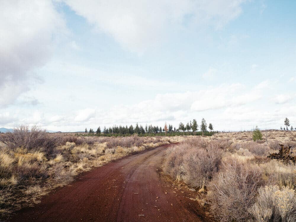 Red dirt road in a lava field