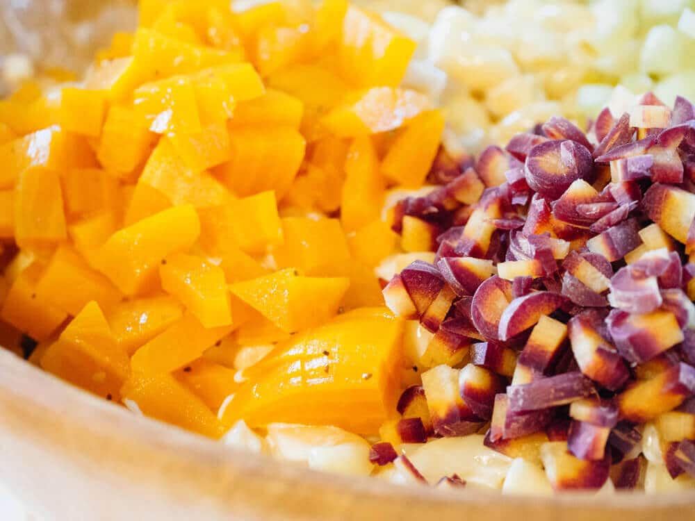 Carrots and pickled beets in a mac salad