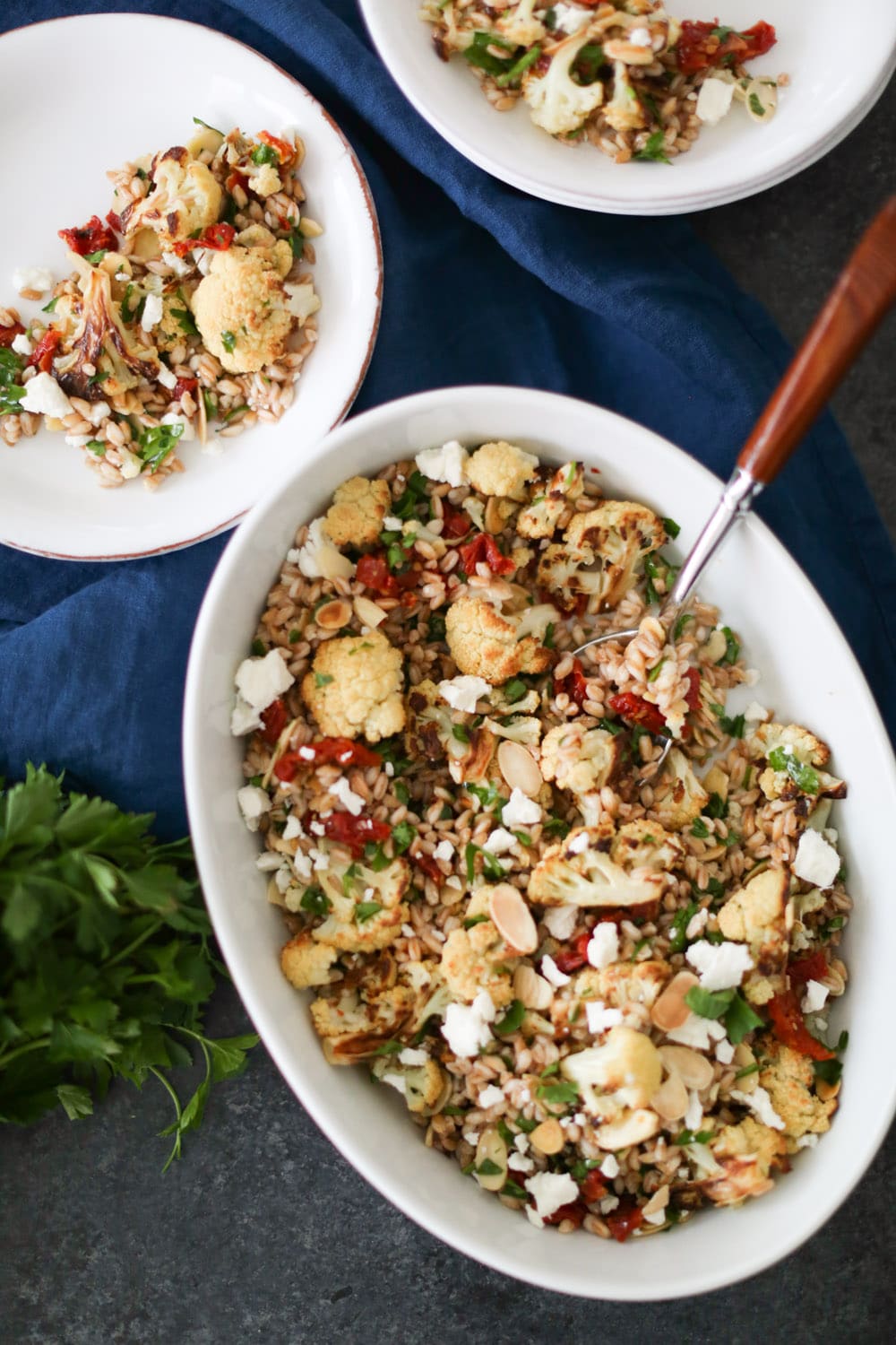 Roasted Cauliflower and Farro Salad with Sun-Dried Tomatoes 