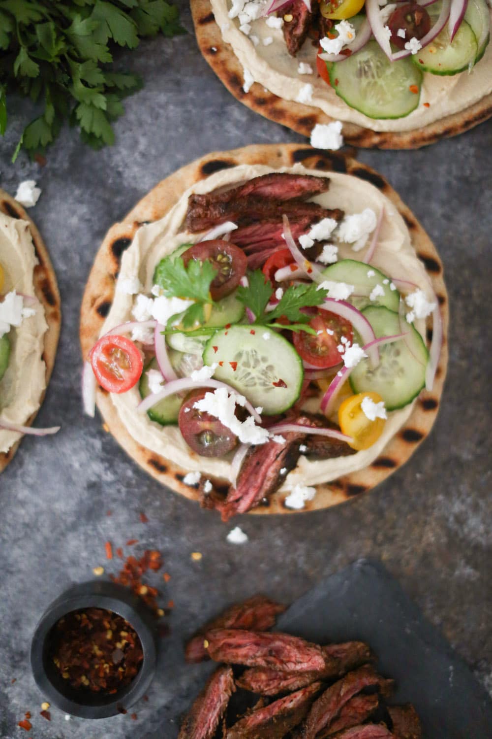 Mediterranean Grilled Skirt Steak Flatbreads