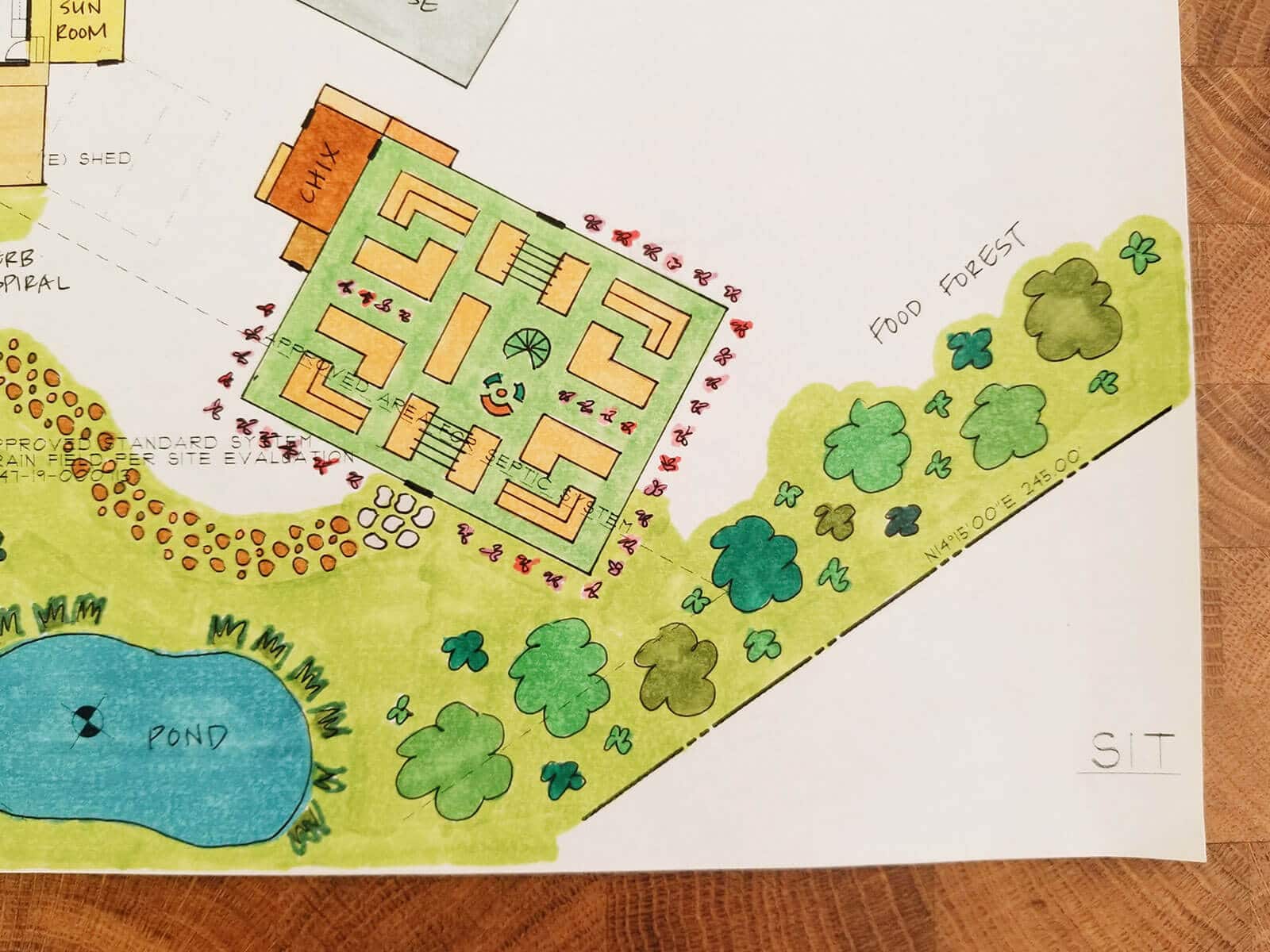 Close-up of color rendering showing locations of food forest, vegetable garden, and pond