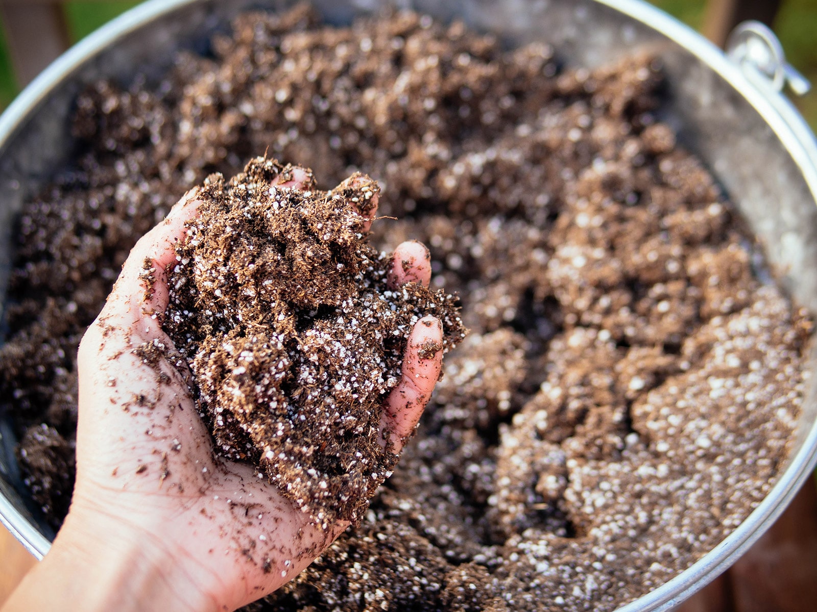 Hand holding a clump of homemade seed starting mix