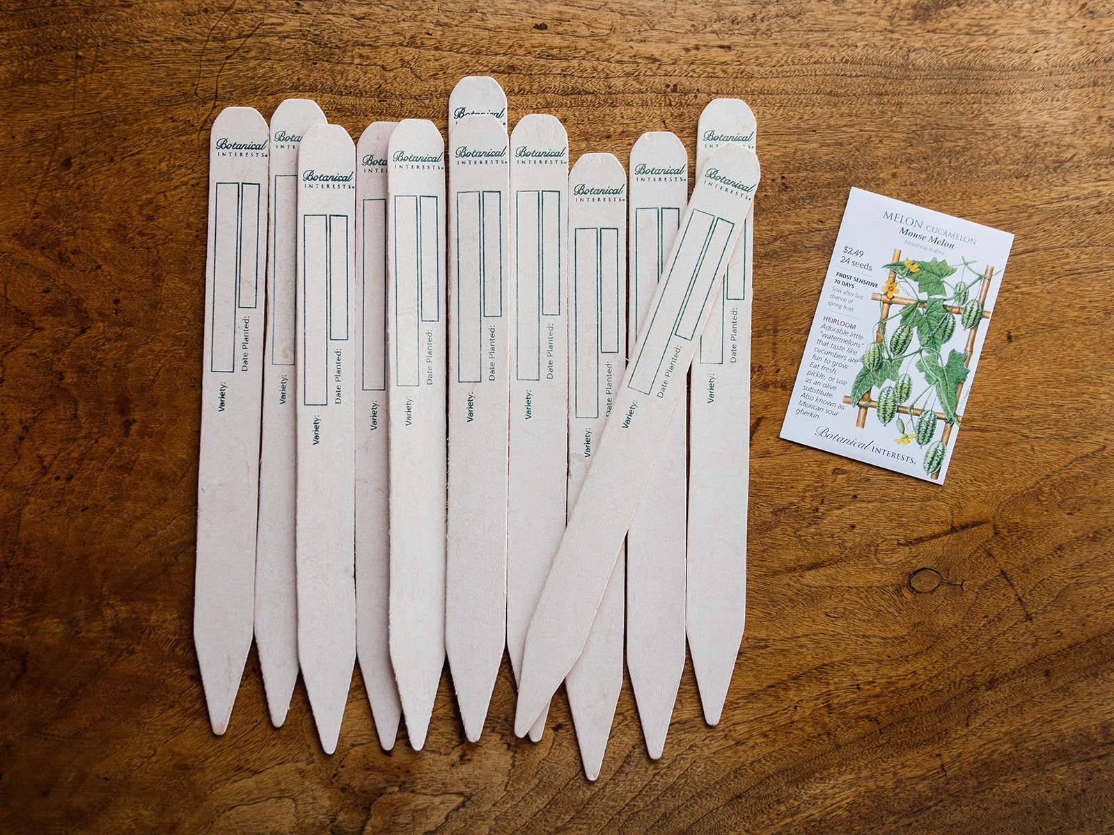 Botanical Interests oversized wood plant markers and seed packet spread out on a wooden surface