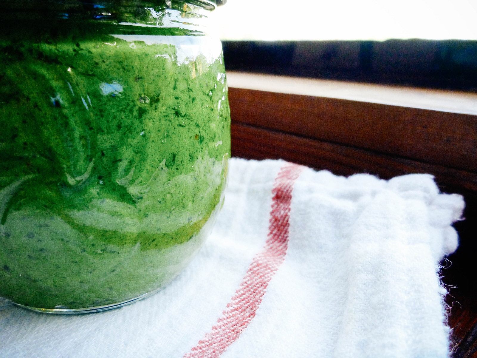 Close-up of jar of nasturtium pesto