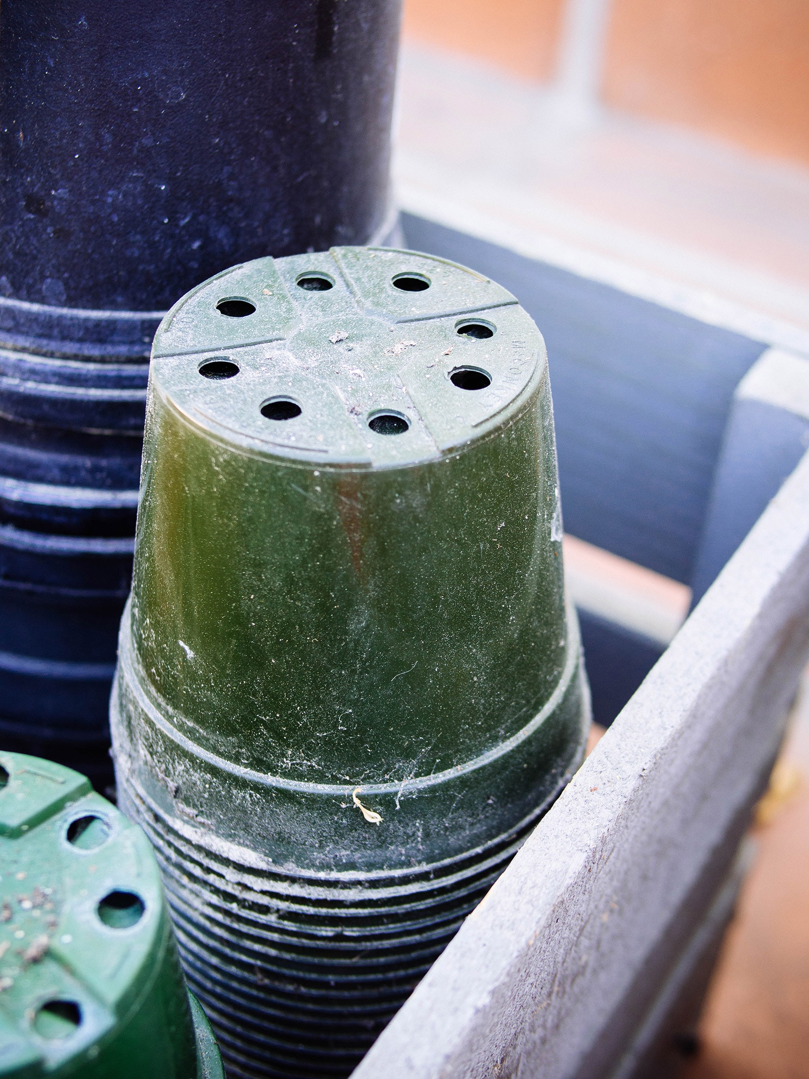 Dirty plastic plant pots stacked in a wooden crate
