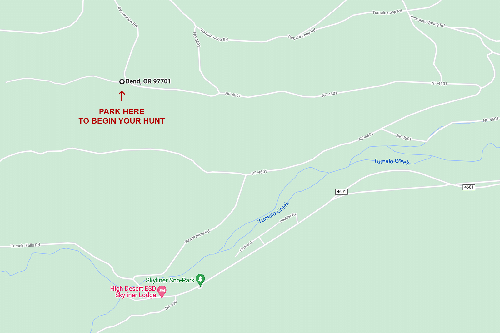 Google Map showing parking location in Deschutes National Forest where you can hunt for Christmas trees
