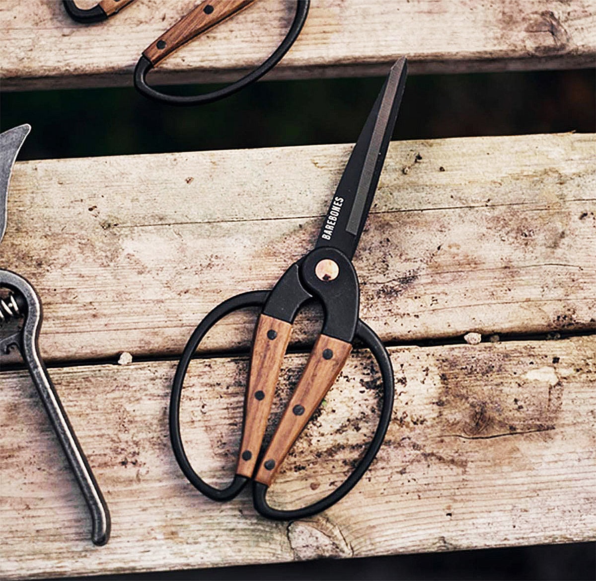 Walnut-handled scissors for pruning, trimming, and other gardening tasks
