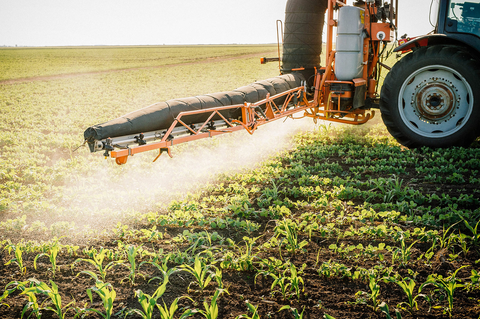 Tractor spraying a crop field with pesticides