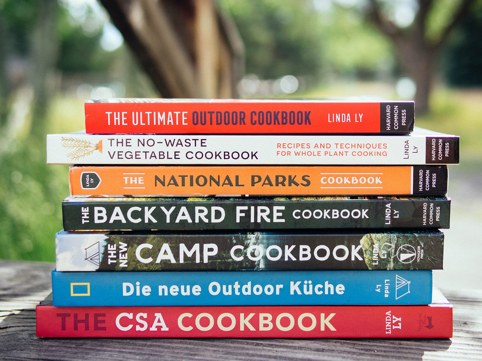 A stack of all of Linda Ly's cookbooks