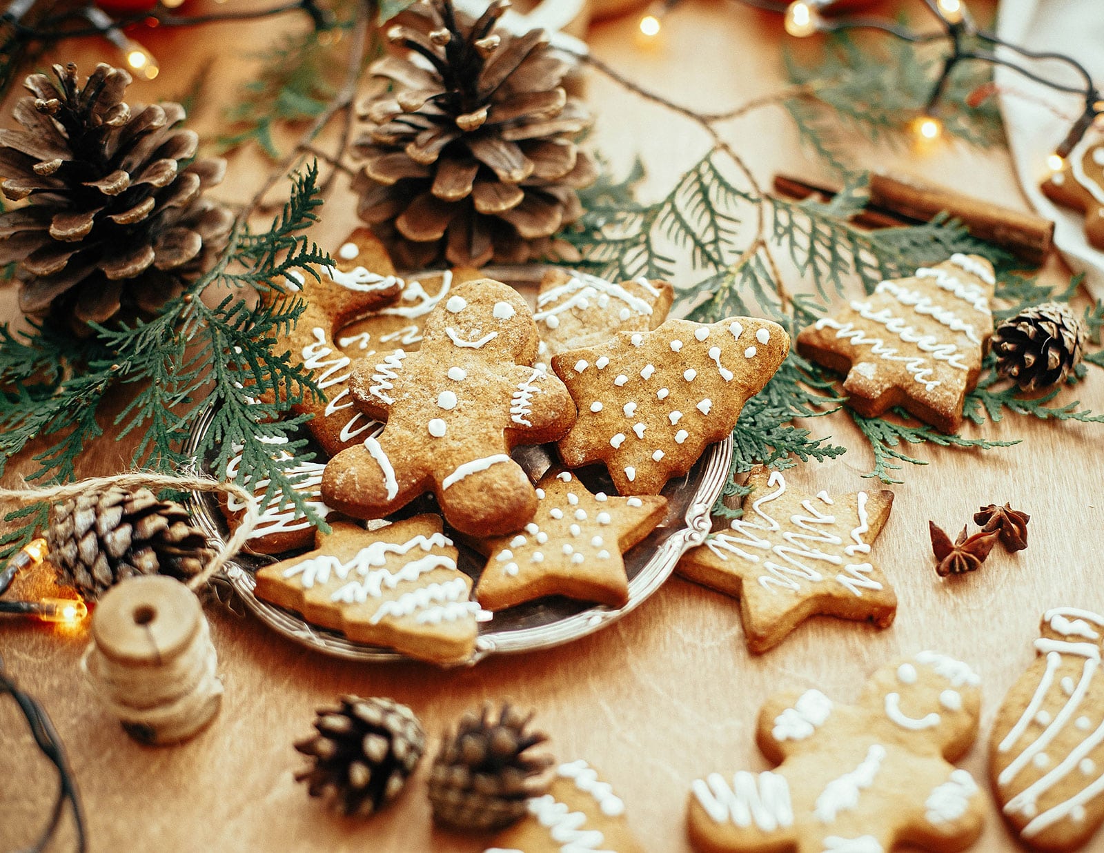 Dish of gingerbread man and gingerbread tree cookies