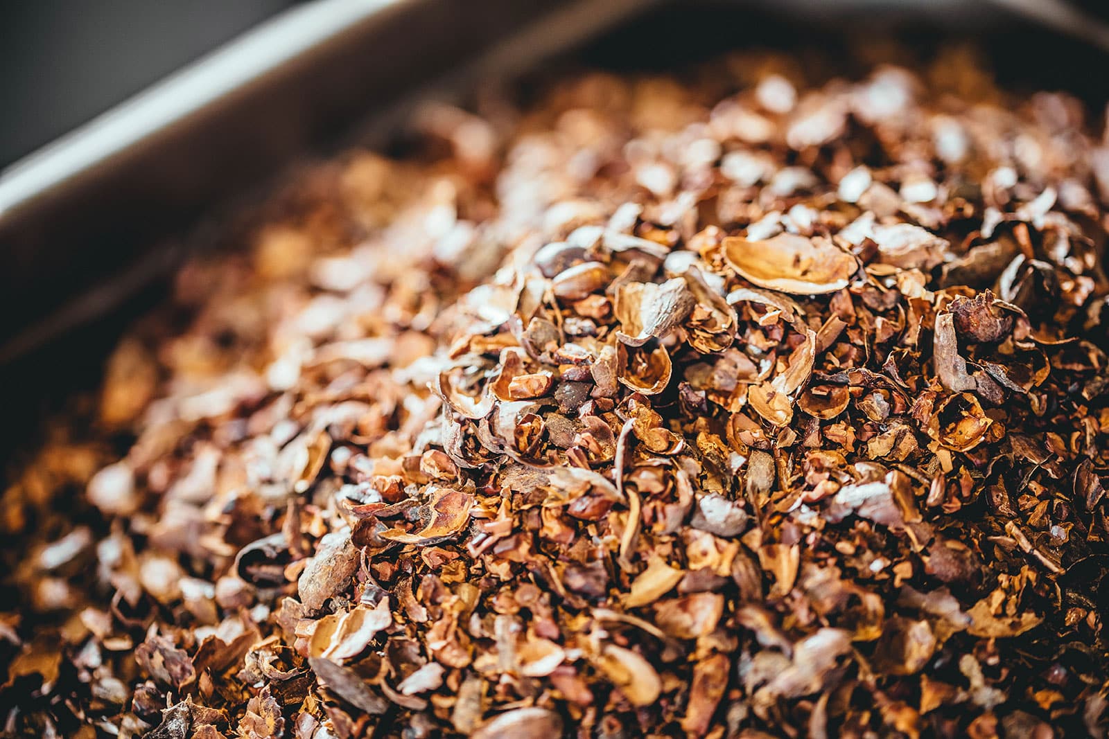 Close-up of cocoa bean hulls