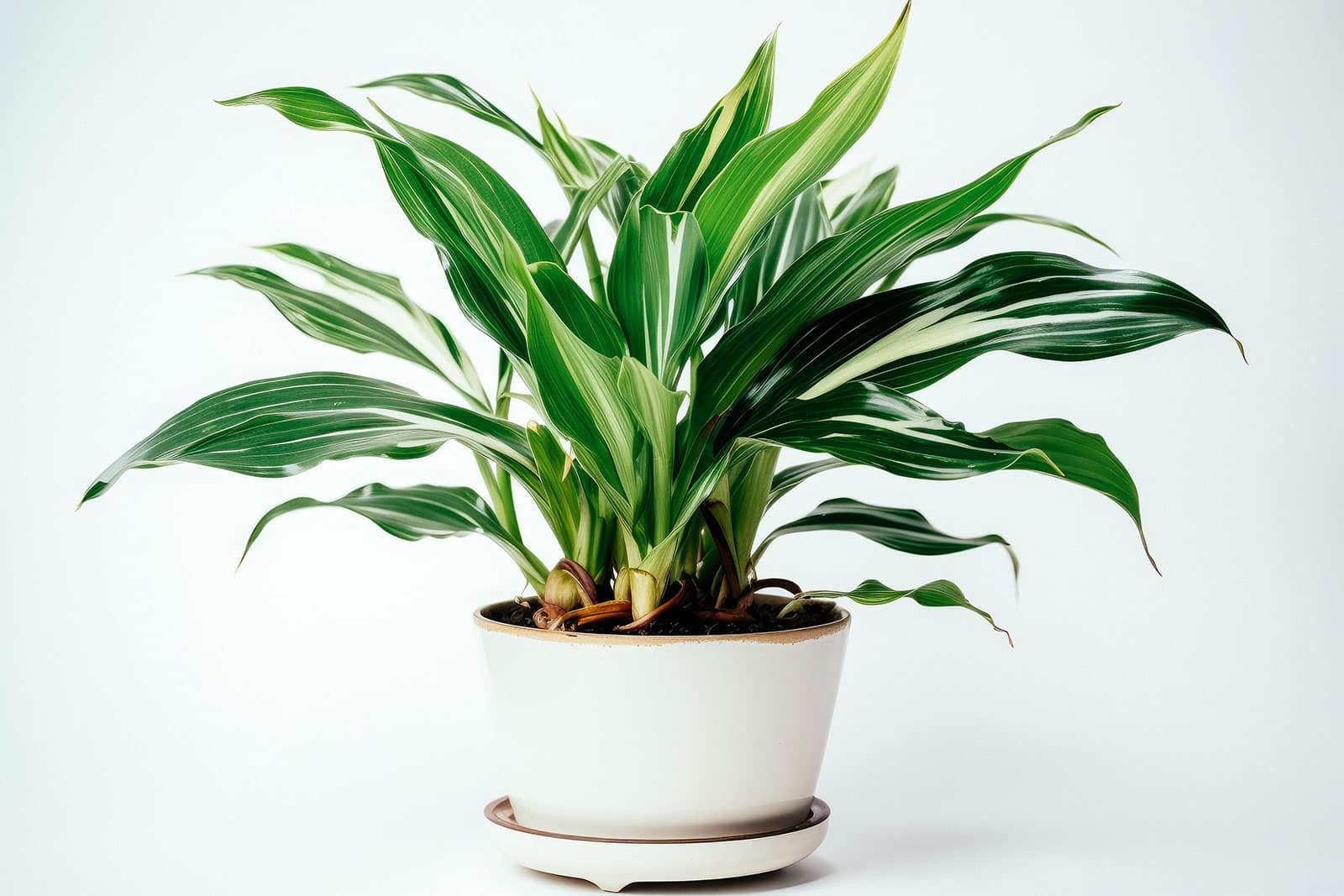 A striped Aspidistra eliator houseplant (cast iron plant) in a white ceramic pot, shot against a white background