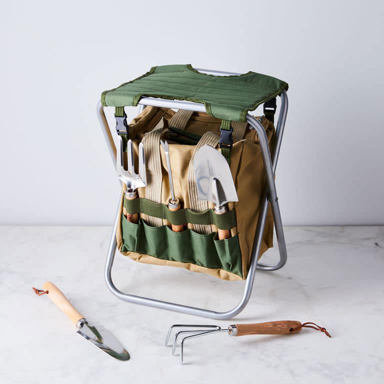 Folding garden seat with detachable tool storage