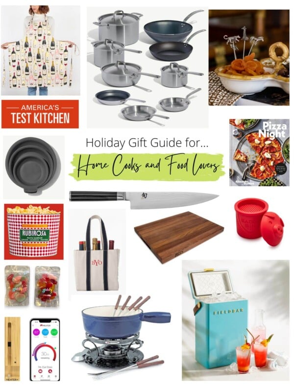 A collage of products that would make excellent presents for home cooks and foodies.