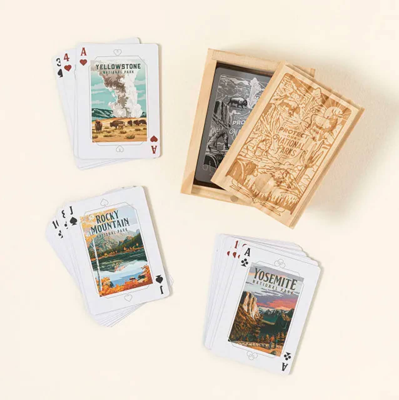Illustrated national park playing cards in a keepsake embossed wooden case
