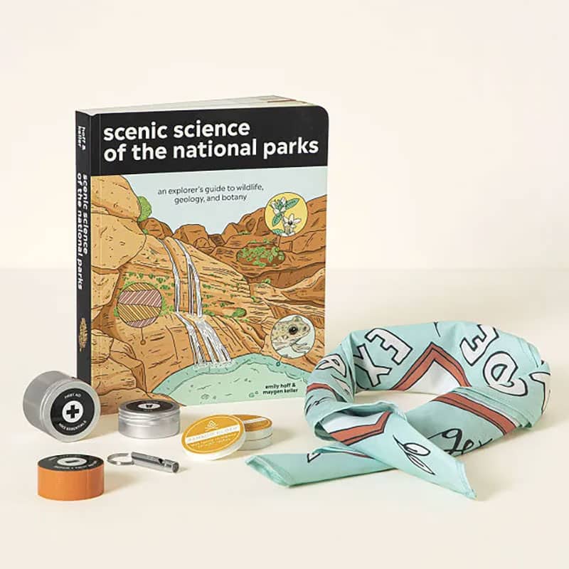 Scenic Science of the National Parks book with bandanna and day hike supply pack